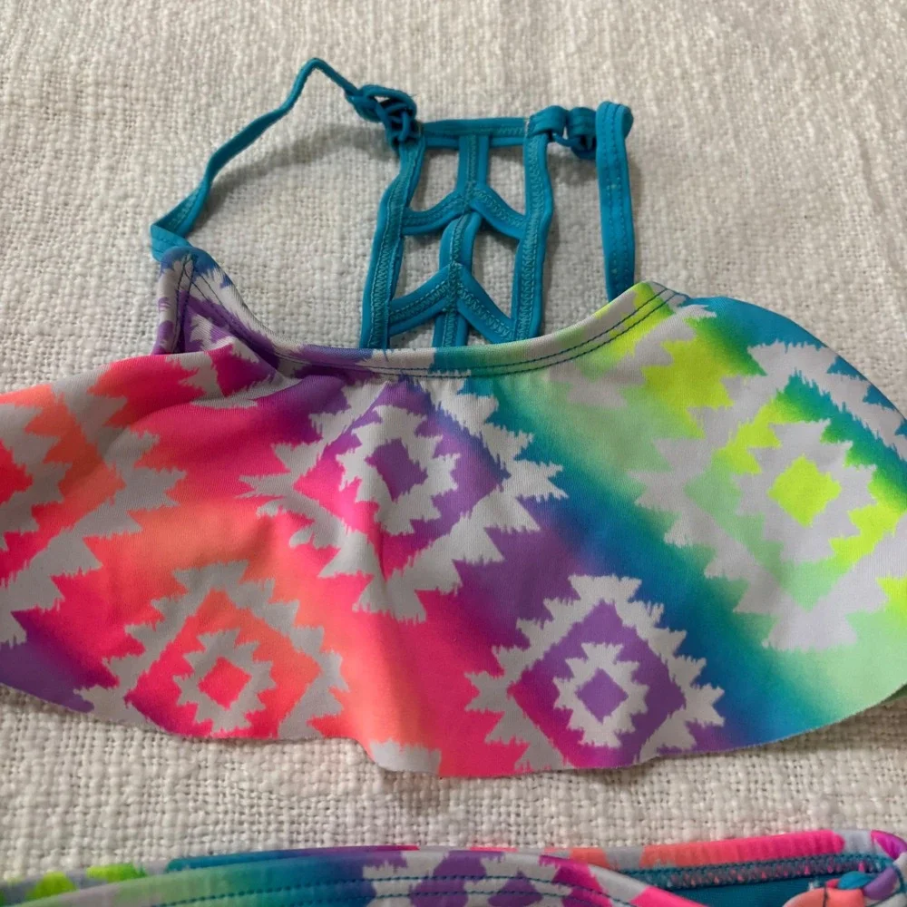 Justice Girls Two Piece Bikini Swimsuit Bundle Coral Ruffle Neon Aztec Size 5 6